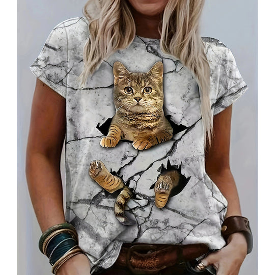 Damen T-Shirt mit 3D-Katzenmotiv und kreativem Rissdesign EB
