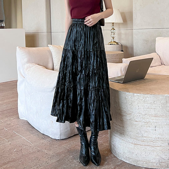 Damen  stufiger Maxirock aus beschichtetem Crinkle-Material mit elastischem Komfortbund EB