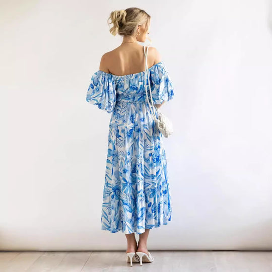 Damen Maxi Kleid mit ausgefallenem Off-Shoulder Design und voluminösen Ärmeln EB