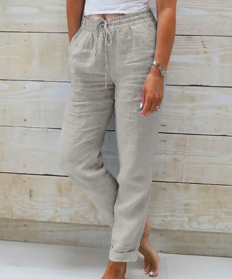 Damen nan lässige Leinenhose mit elastischem Bund und Kordelzug EB