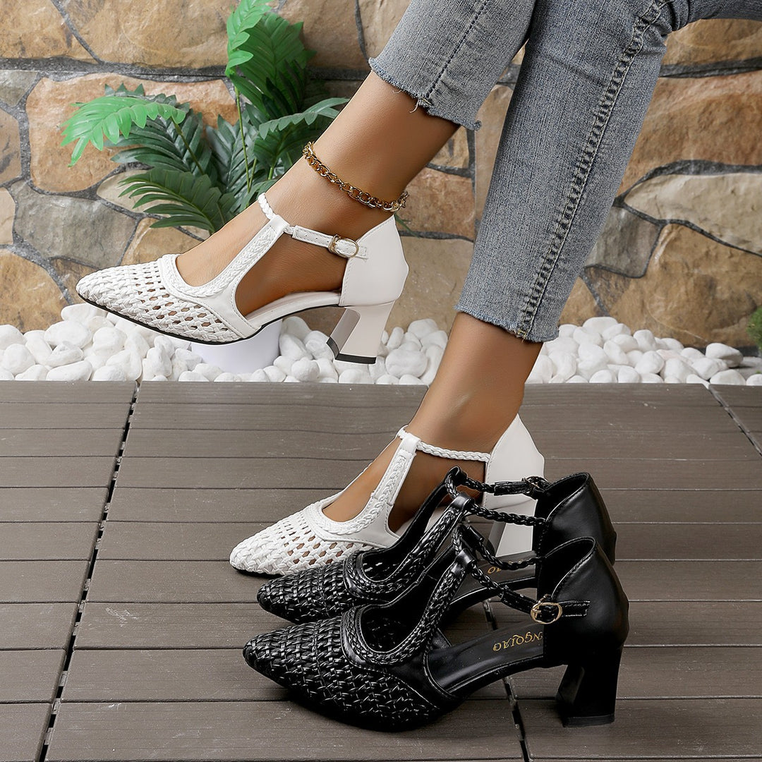 Damen elegante T-strap Sandaletten mit geflochtenem Design und komfortablem Blockabsatz EB