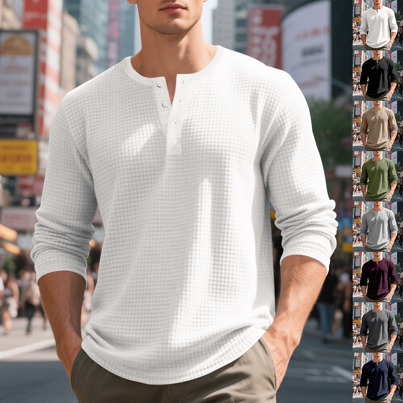 Herren nan Waffelstruktur-Henley-Langarmshirt mit Rundhalsausschnitt, mehrfacher Knopfleiste und entspannter Passform EB
