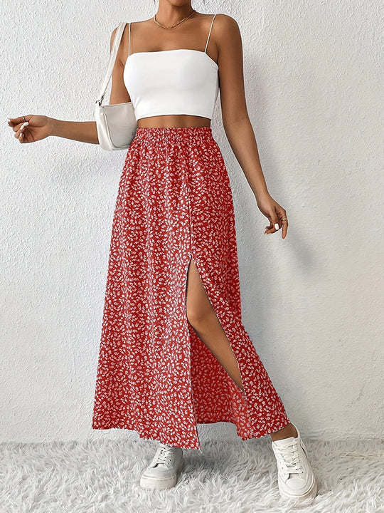 Damen Maxirock mit elegantem Schlitz und floralem Muster EB
