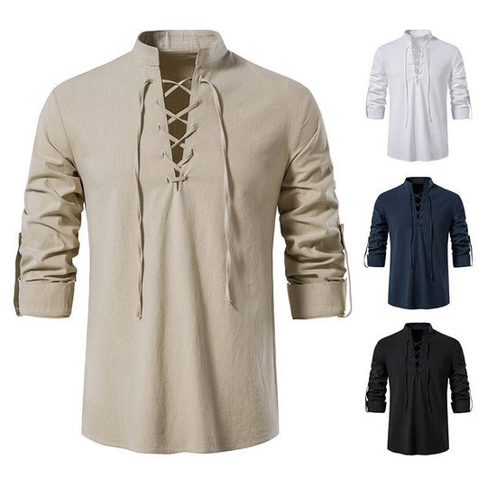 Herren lässiges Langarmhemd mit modernem Schnürdesign und hochqualitativer Baumwolle EB