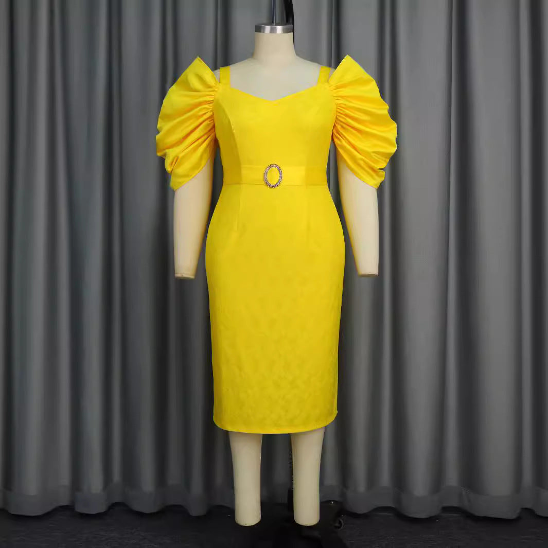 Damen figurbetontes Kleid mit voluminösen Puffärmeln und glitzerndem Gürtel EB