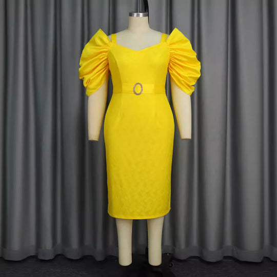 Damen figurbetontes Kleid mit voluminösen Puffärmeln und glitzerndem Gürtel EB