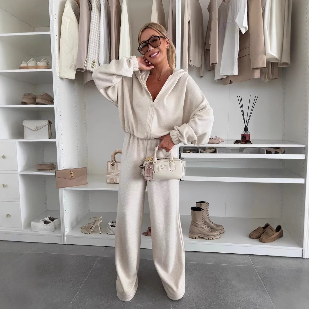 Damen eleganter Fleece-Jumpsuit mit hohem Kragen und durchgehendem Reißverschluss EB