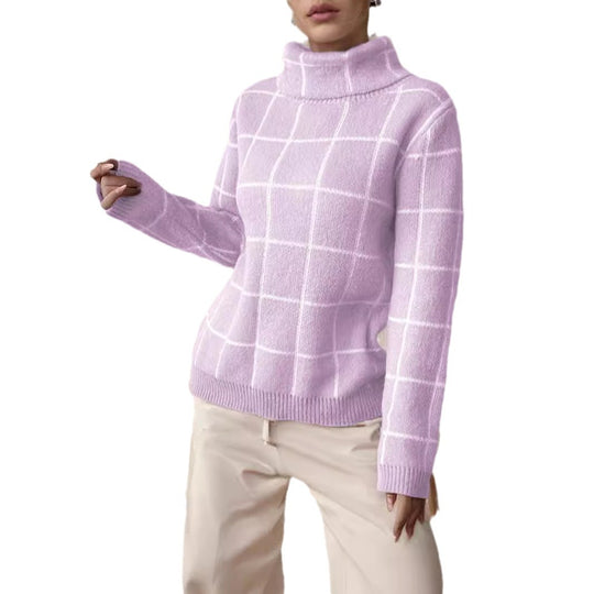 Damen Grobstrickpullover mit modernem Karomuster und hohem Kragen EB