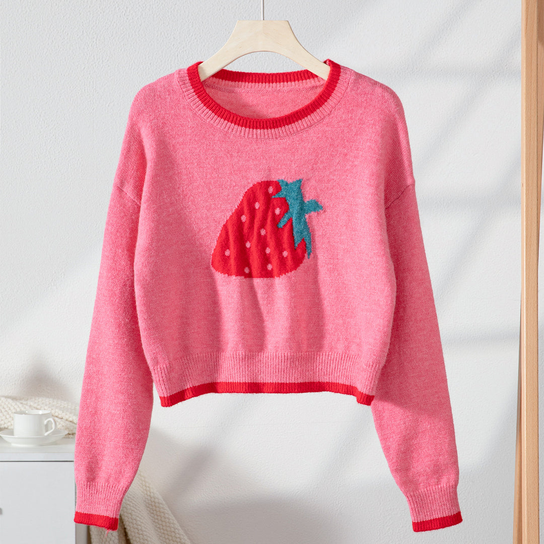 Damen trendiger Pullover mit Erdbeer-Motiv und Kontrastbündchen EB