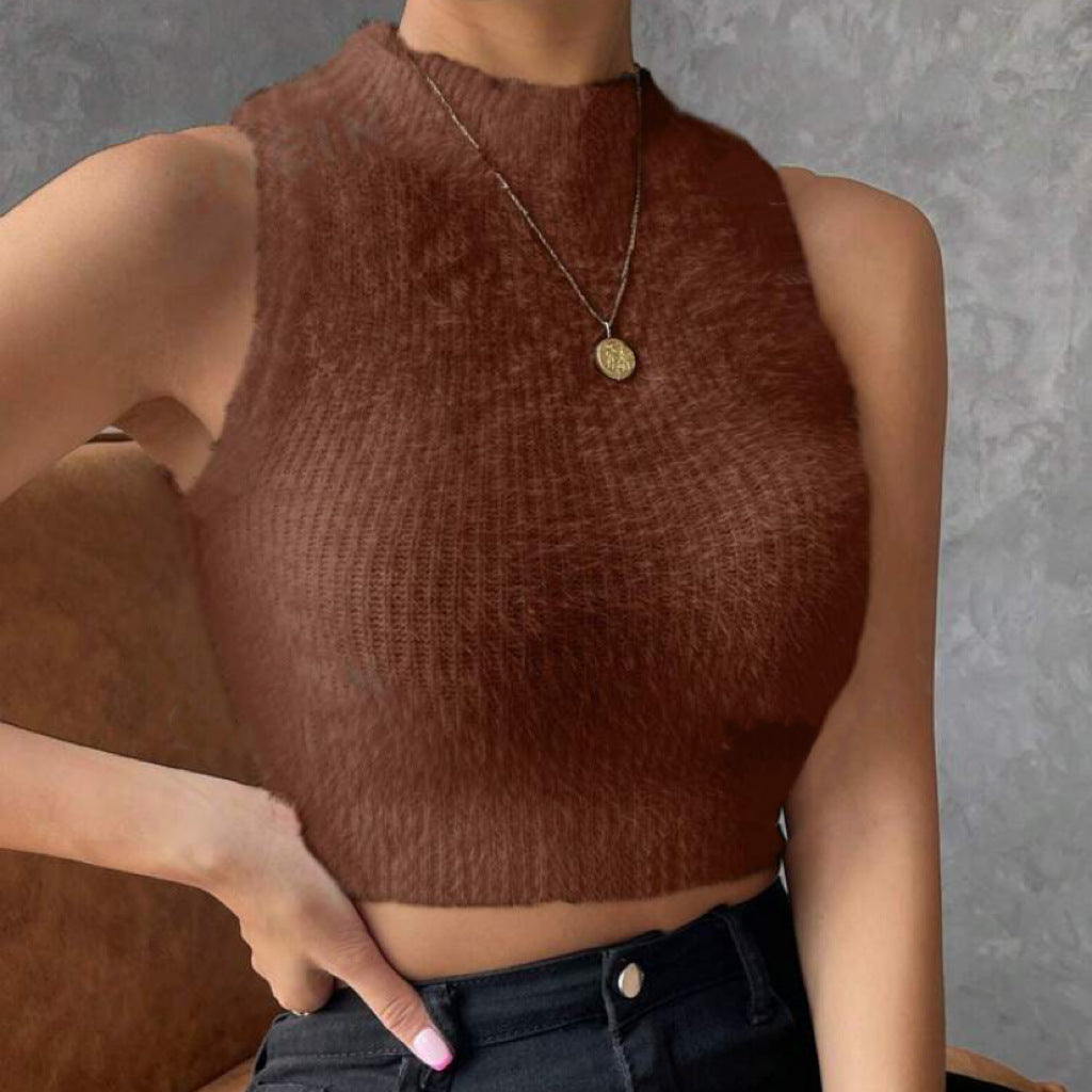 Damen Kurz geschnittenes ärmelloses geripptes Strick-Crop-Top mit Stehkragen EB