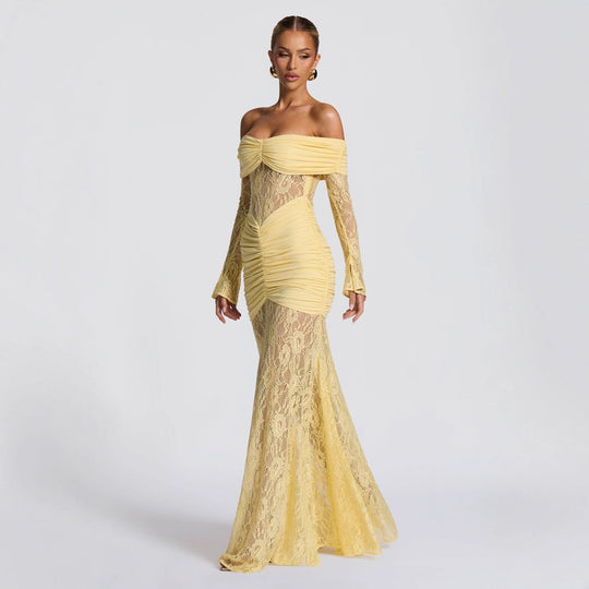 Damen elegantes Spitzenkleid mit Off-Shoulder-Ausschnitt und Raffungen EB