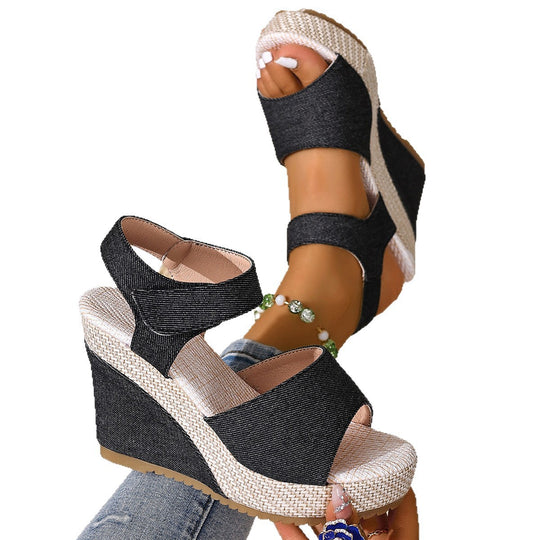 Damen Wedge-Sandalen mit elastischem Riemen und dekorativer Bast-Optik EB