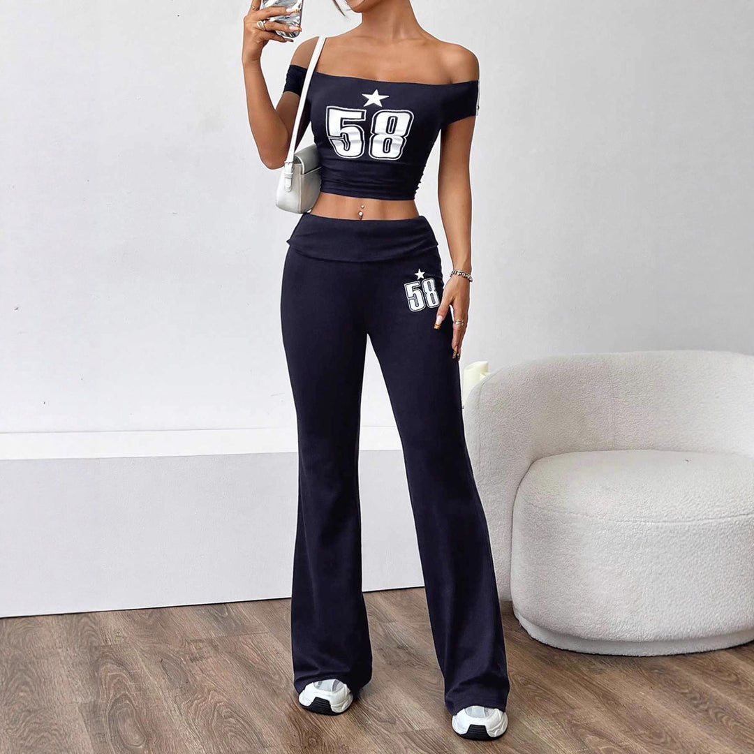 Damen Off-Shoulder Crop-Top und weite Hose Set EB