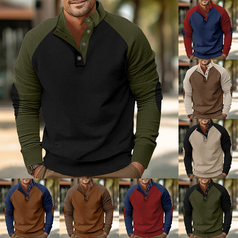Herren Warmer Waffelstruktur-Henleypullover mit Kontrast-Raglanärmeln & Stehkragen EB