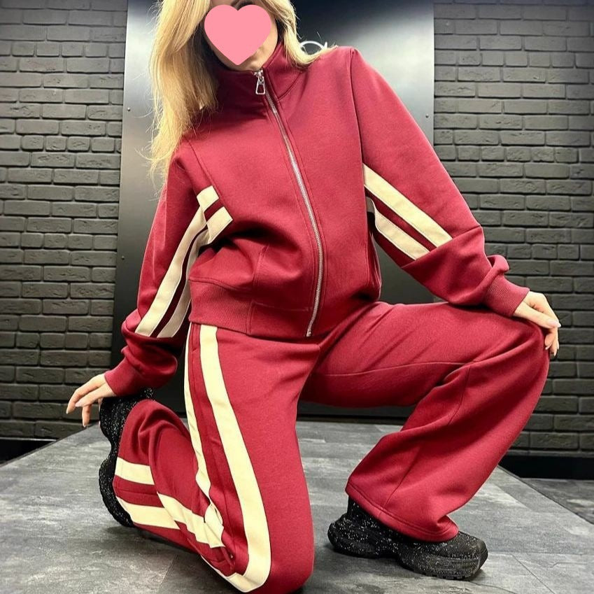 Damen nan athletisches Zweiteiler-Set aus French Terry mit Reißverschluss Cropped Jacke und weitem Highwaist Jogger EB