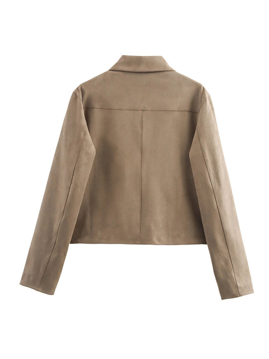 Damen modische Kurzjacke aus hochwertigem Wildlederimitat mit praktischen Taschen EB