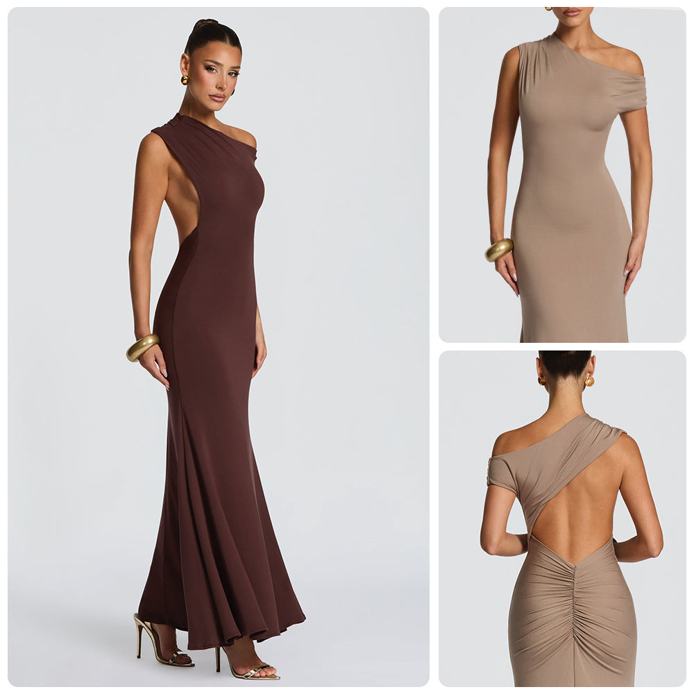Damen Elegantes asymmetrisches Maxikleid mit schulterfreiem Design EB