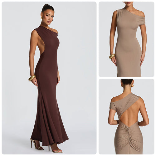 Damen Elegantes asymmetrisches Maxikleid mit schulterfreiem Design EB