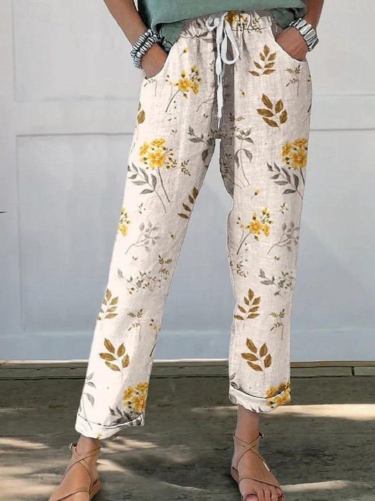 Damen Leinenoptik-Hose mit floralem Print, weitem Bein und Tunnelzug EB