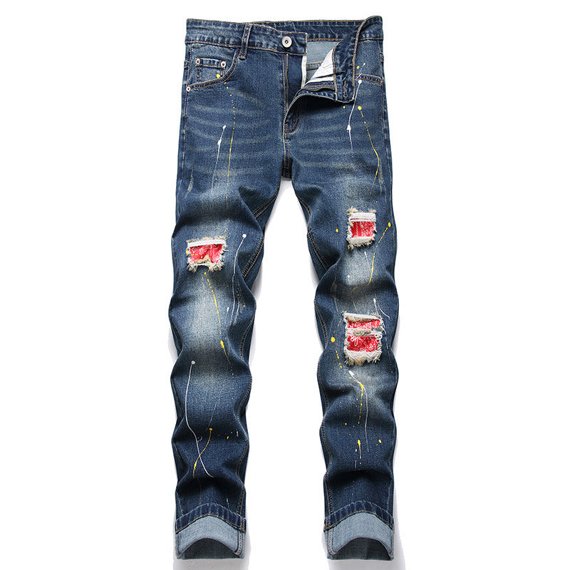Herren kreative Ripped Jeans mit einzigartigen Farbklecksen EB