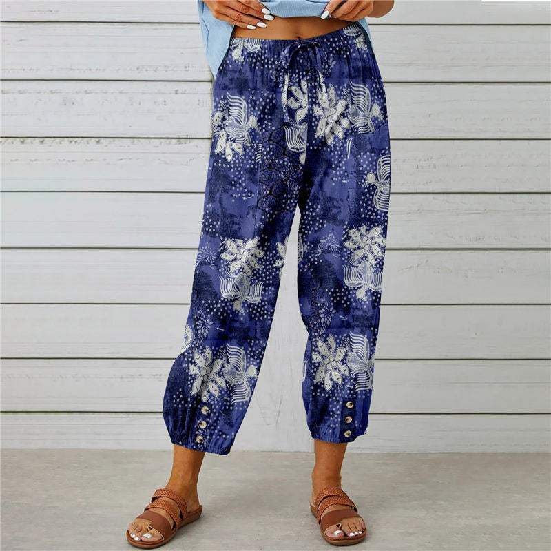 Damen modische Baumwoll-Hose mit floralem Design und elastischem Bund EB