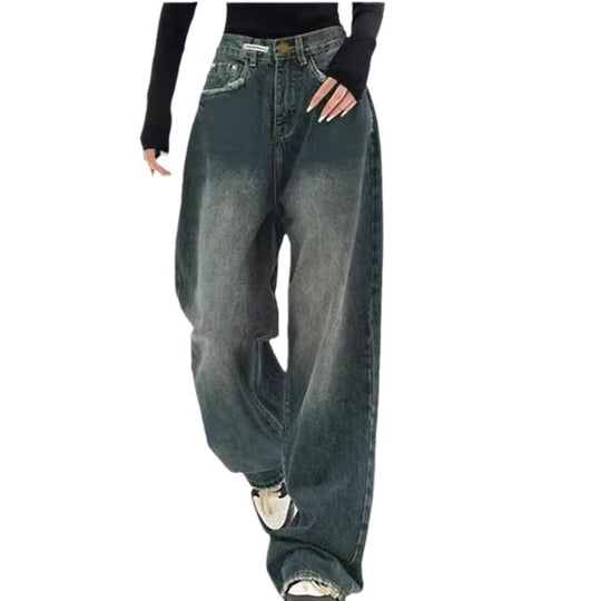 Damen nan hochgeschnittene extraweite Baggy-Jeans mit überlangem Saum und Vintageoptik EB
