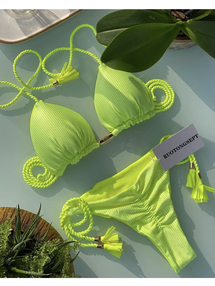 Damen Bikini-Set mit elegantem Leopardenmuster und modischen Quasten EB