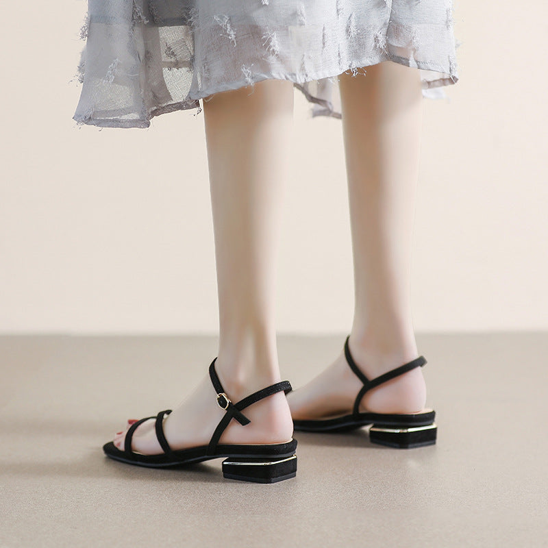 Damen Elegante Fußbett-Sandalen mit dünnen Riemen und modischem Blockabsatz EB