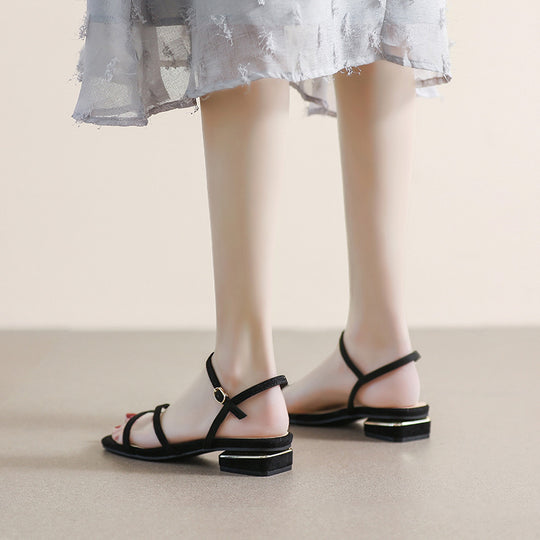 Damen Elegante Fußbett-Sandalen mit dünnen Riemen und modischem Blockabsatz EB