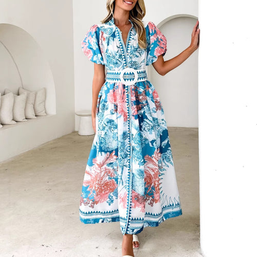 Damen Maxikleid mit voluminösen Puffärmeln und zartem Blumenmuster EB