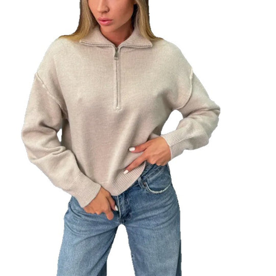 Damen modischer Sweater mit halbem Reißverschluss und weiten Ärmeln EB