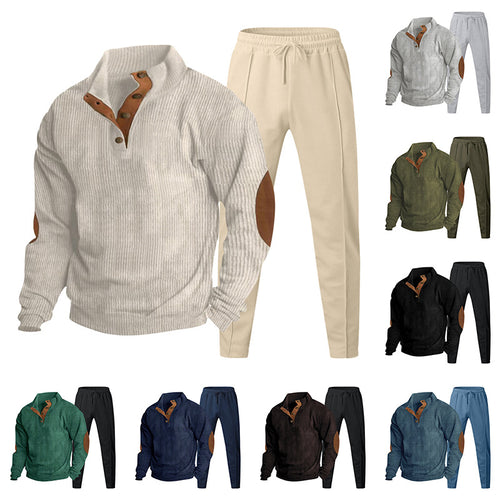 Herren nan gerippter Henley-Freizeitanzug mit dekorativer Knopfleiste und Wildleder-Ellenbogenpatch konisch geschnittene Jogginghose EB