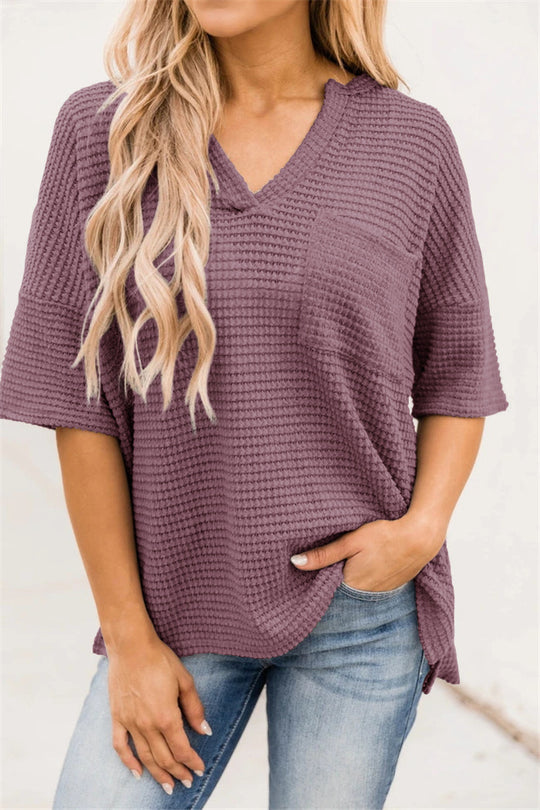 Damen casual V-Ausschnitt Oberteil mit strukturiertem Stoff und Seitennahttaschen EB