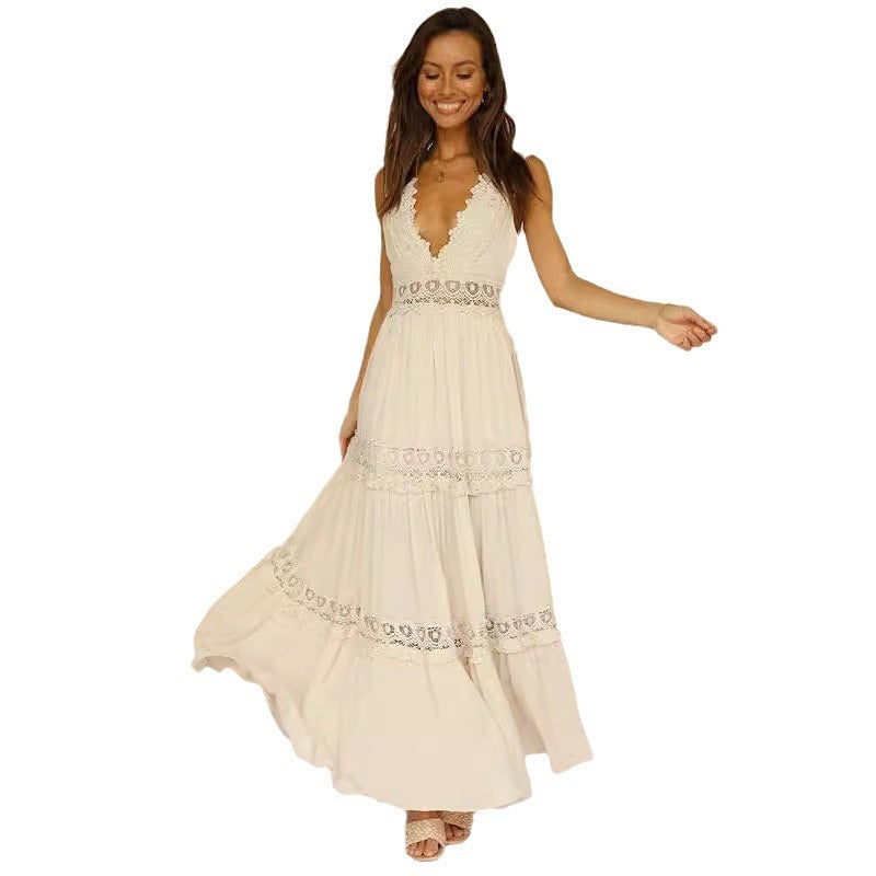 Damen Elegantes Maxikleid mit tiefem V-Ausschnitt und verspielten Häkelapplikationen EB