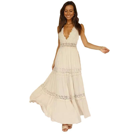 Damen Elegantes Maxikleid mit tiefem V-Ausschnitt und verspielten Häkelapplikationen EB