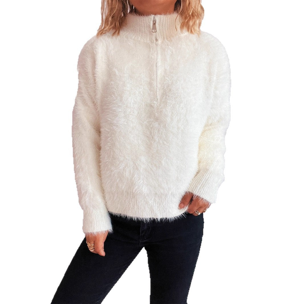 Damen kuscheliger Pullover mit hohem Kragen und Reißverschluss EB