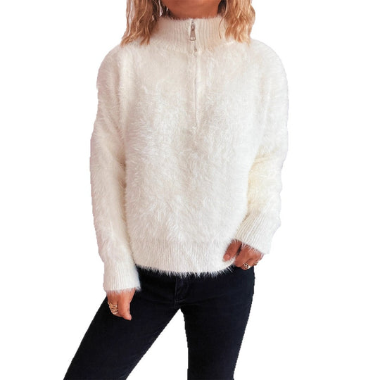 Damen kuscheliger Pullover mit hohem Kragen und Reißverschluss EB