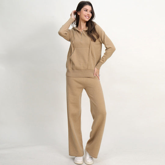 Damen lässiges Strick-Loungewear-Set mit Kapuze und weitem Bein EB