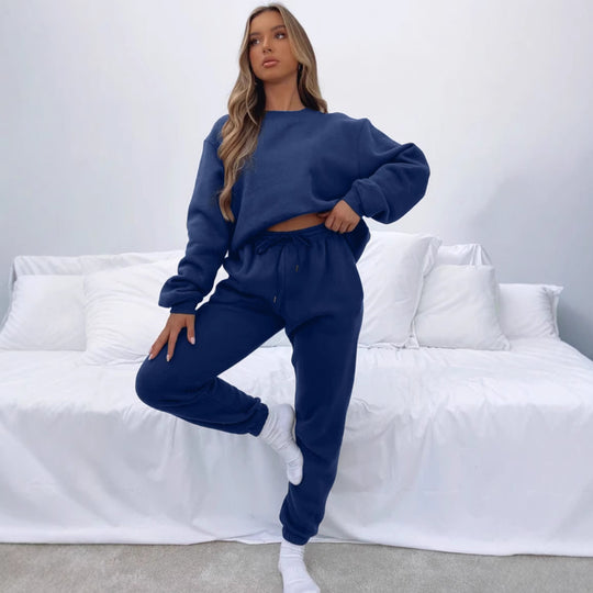 Damen nan zweiteiliges Cozy-Loungewear-Set mit Oversize-Rundhals und hochgeschnittener Jogginghose mit Kordelzug EB
