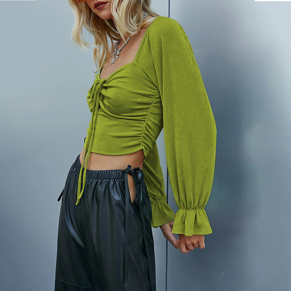 Damen gerafftes Crop-Top mit Herz-Bustier, Knoten-Detail und voluminösen Trompetenärmeln Eichborn Berlin