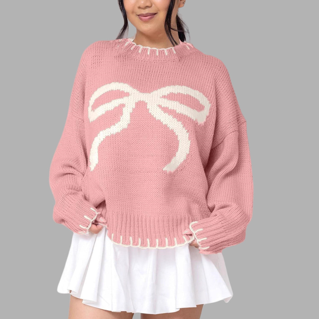 Damen lässiger Pullover mit kontrastierenden Schleifen-Detail und geripptem Saum EB
