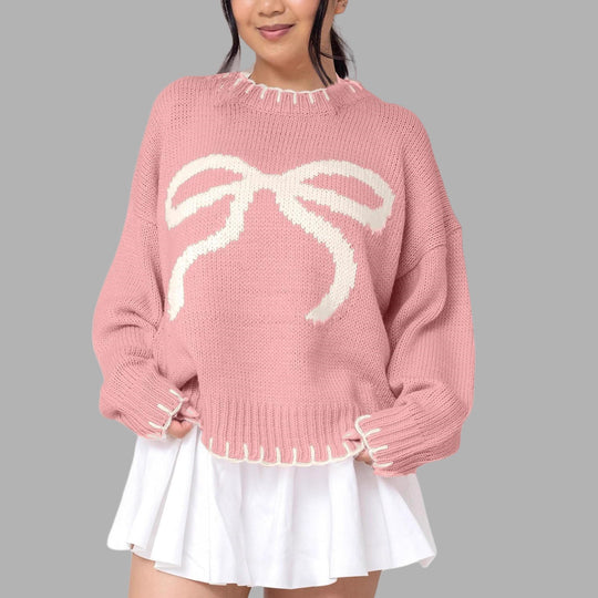 Damen lässiger Pullover mit kontrastierenden Schleifen-Detail und geripptem Saum EB