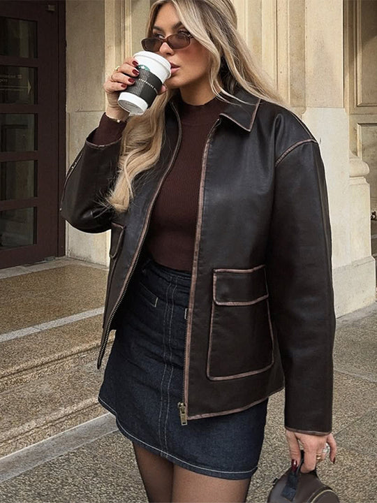 Damen Kunstlederjacke mit klassischen Details EB