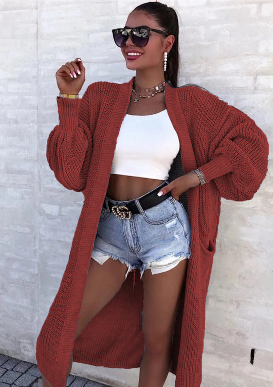Damen Langer Strickcardigan mit weiten Ärmeln und praktischen Taschen EB