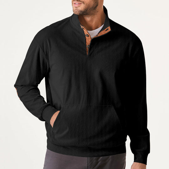 Herren Strukturiertes Ripp-Henley-Sweatshirt mit Stehkragen, Kängurutasche & Velours-Ellbogenpatches EB