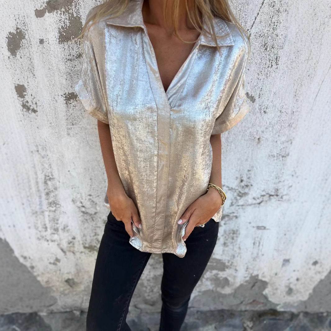 Damen Elegante und lässige Satinbluse mit kurzen Ärmeln EB