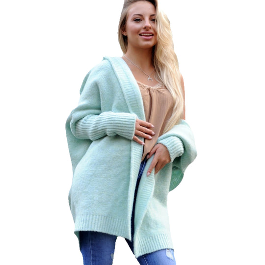 Damen gemütlicher Strickcardigan mit Kapuze und weit geschnittenen Ärmeln EB