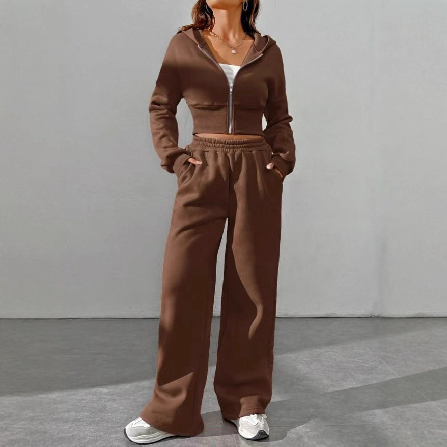 Damen nan kurzes Kapuzen-Sweatshirt mit Reißverschluss und weite High-Waist Jogginghose EB