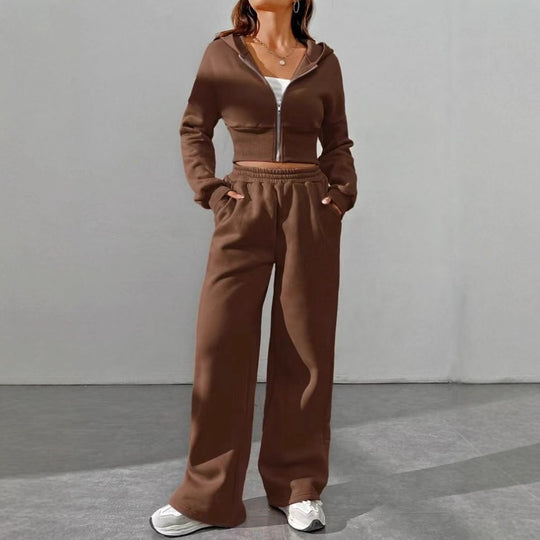 Damen nan kurzes Kapuzen-Sweatshirt mit Reißverschluss und weite High-Waist Jogginghose EB
