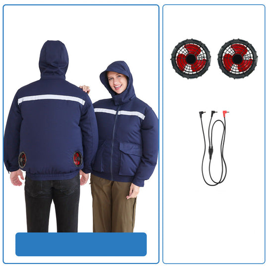 Unisex nan ventilated jacket for work and outdoor with integrated USB fans, battery compartment and hood EB